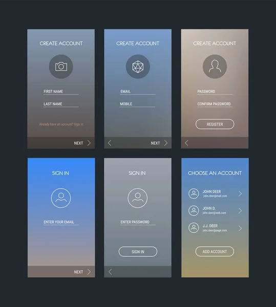 Modelos Coloridos Login Registro Aplicativos Móveis Fundo Escuro — Vetor de Stock
