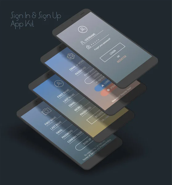 Цветные Шаблоны Входа Регистрации Мобильных Приложениях Темном Фоне — стоковый вектор