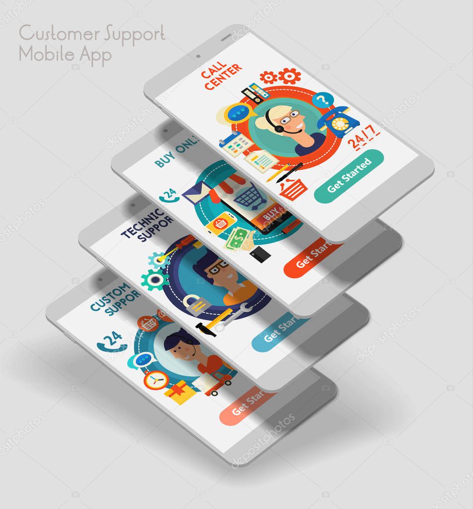 Customer service mobile apps screens template on light background