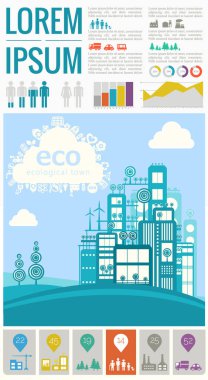Soyut stil şehir manzarası bilgisi. Şehir ve şehir elemanları ile bilgi elemanları koleksiyonu