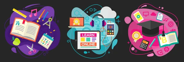 Lapos Design Érzékeny Learning Oktatási Bannerek Trendi Illusztrációkkal — Stock Vector
