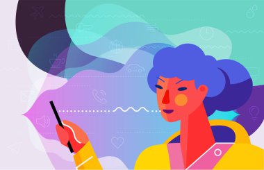 Ses asistanı uygulamasını kullanan bir kadın ilanı. Ses asistanı konsepti. Moda parlak doğrusal illüstrasyon. Evde ve işte, her yerde.