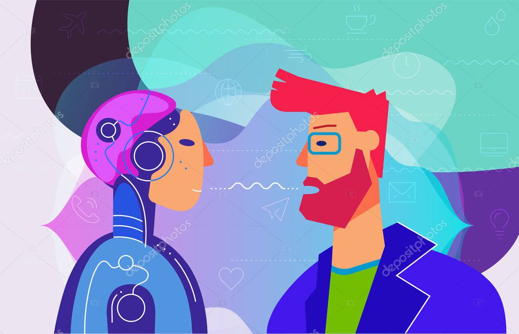 Concept banner with man using his voice to command to the robot. Robotic voice assistant concept. Trendy bright linear illustration. At home and work, everywhere