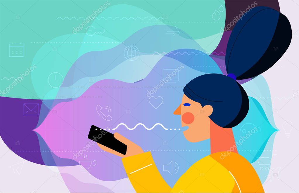 Concept banner with woman using his voice assistant mobile app. Voice assistant concept. Trendy bright linear illustration. At home and work, everywhere