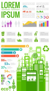 Soyut stil şehir manzarası bilgisi. Şehir elemanları, insan ve doğal kaynaklar ve nüfus istatistikleri ile bilgi elemanları koleksiyonu.
