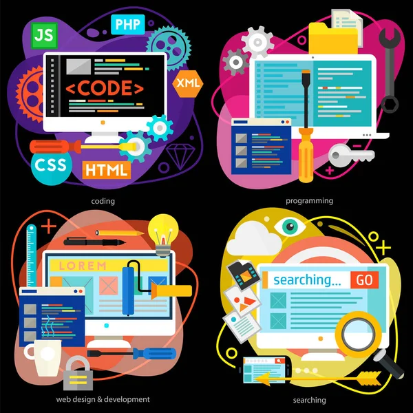 Programmation Codage Scénarisation Développement Sites Web Analyse Concepts Référencement Bannières — Image vectorielle