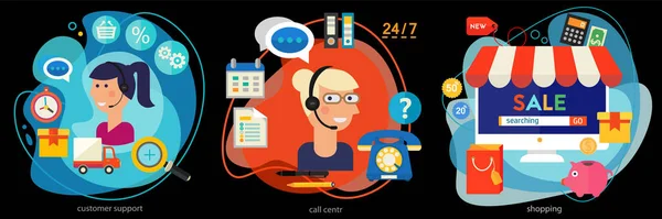 Плоский Дизайн Баннеры Клиентской Технической Поддержки Call Center Векторные Модные — стоковый вектор