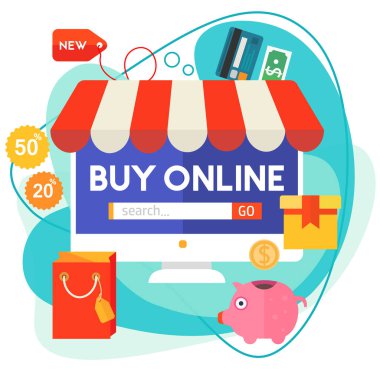 Düz tasarım Çevrimiçi Alışveriş afişleri. Vektör eğilimli çizimler