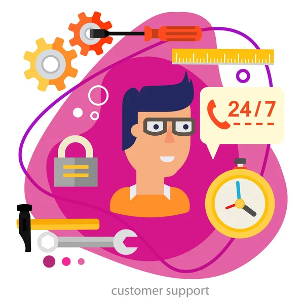 Design Piatto Supporto Clienti Tecnico Banner Call Center Illustrazioni Tendenza — Vettoriale Stock