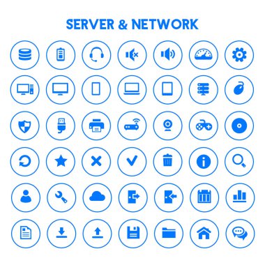 Moda düz tasarım büyük bilgisayar ve sunucu ağları simgeleri ayarlandı