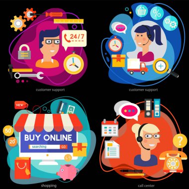 Düz dizayn Müşteri ve Teknik Destek ve Çağrı Merkezi afişleri. Vektör eğilimli çizimler