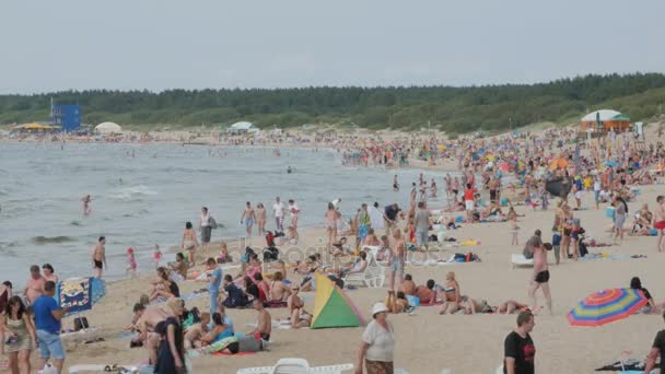 PALANGA, LITUANIA - 30 luglio 2016: Le persone che si rilassano, prendono il sole e nuotano a Palanga City Beach durante la calda giornata estiva . — Video Stock