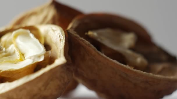 Montón de macros de nueces aisladas en blanco — Vídeos de Stock