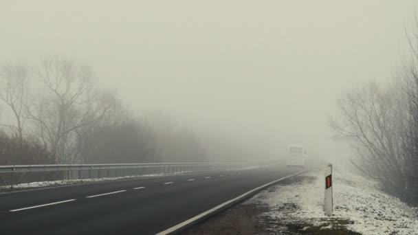 Bilar rida på vägen och lysande lampor i dimman — Stockvideo