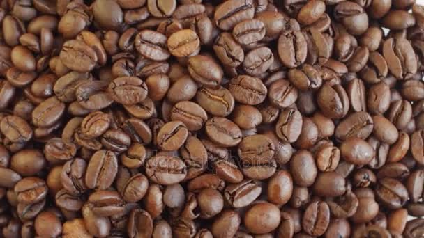 Gros plan des grains de café. Rotation en boucle. Avant de la caméra tourne plaque avec grains de café — Video