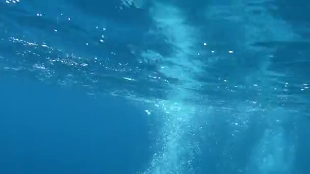 Hermosa vista submarina de la escena del mar con rayos de luz natural, brillando a través de las aguas que brillan y la superficie en movimiento, burbujas . — Vídeos de Stock