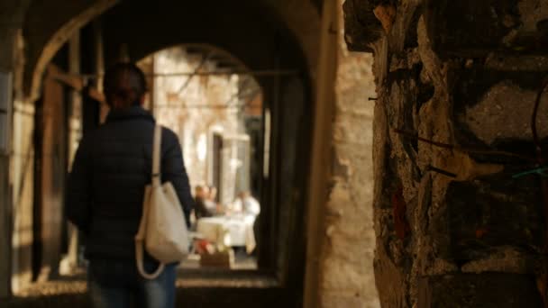 Женщина, идущая через арки исторических зданий вдали от камеры . — стоковое видео