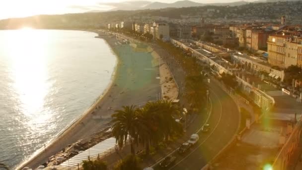 Vista panorâmica aérea noturna Nice French Riviera France Beach . — Vídeo de Stock
