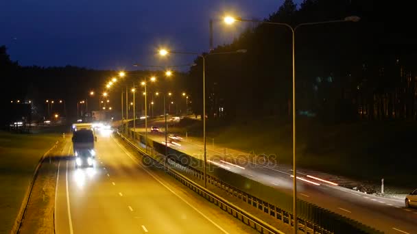 Trafik i staden. Hög vinkel utsikt från en bro. — Stockvideo