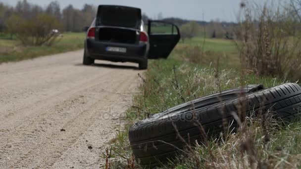 Используемая шина уничтожена на обочине дороги. Загрязнение природы . — стоковое видео