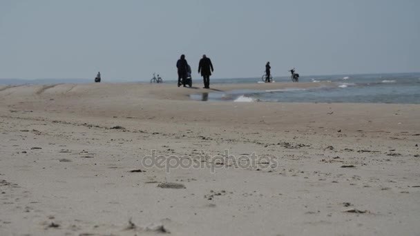 Unrecognizable people silhouettes walking on the beach, slow motion. — Stock Video