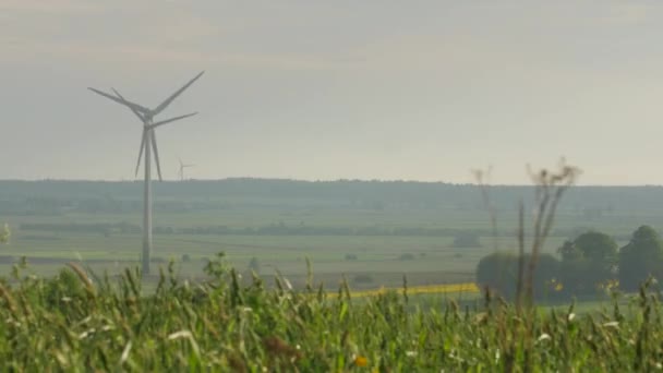 Větrné turbíny izolované na zatažené obloze na pozadí — Stock video