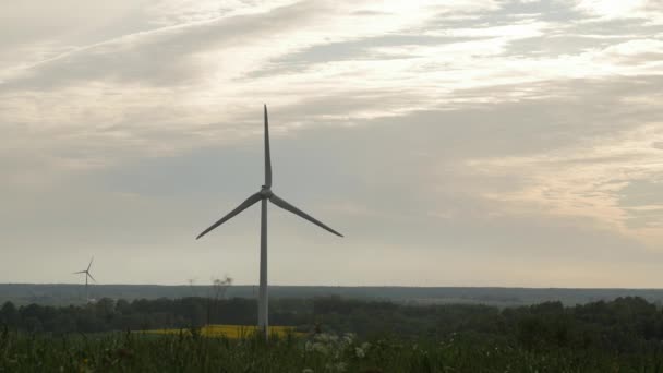 Větrná turbína farma s paprsky světla při západu slunce — Stock video