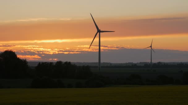 Ветряные турбины с лучами света на закате — стоковое видео