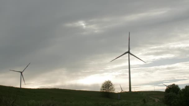 Parc d'éoliennes, générateurs d'électricité, sur le terrain, ciel nuageux . — Video