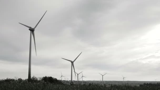 Větrné turbíny izolované na zatažené obloze na pozadí — Stock video