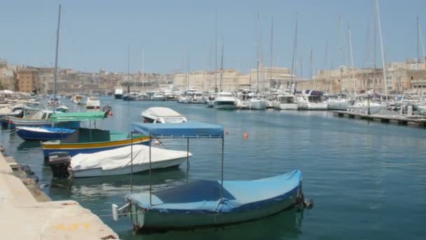 Malta - 1 juli 2016: Maltese vissersboten afgemeerd aan de jachthaven. — Stockvideo