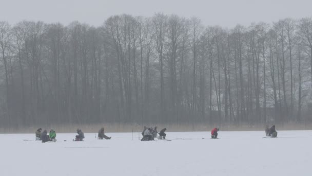 许多渔民在钓鱼。冰钓. — 图库视频影像