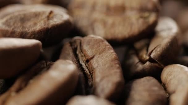 Nahaufnahme von Kaffeebohnen. Vor der Kamera rotiert Teller mit Kaffeebohnen. — Stockvideo