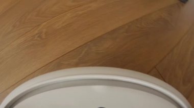 Temizleme teknolojisi makinesi kahverengi katta oturma odasında. Akıllı Robot elektrik süpürgesi.
