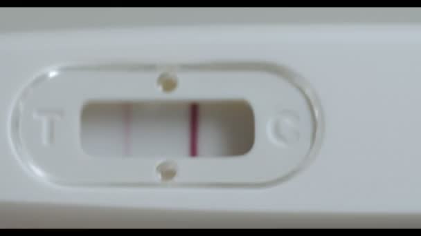 Положительный тест на беременность в руках. Изолированный на белом фоне макроснимок — стоковое видео