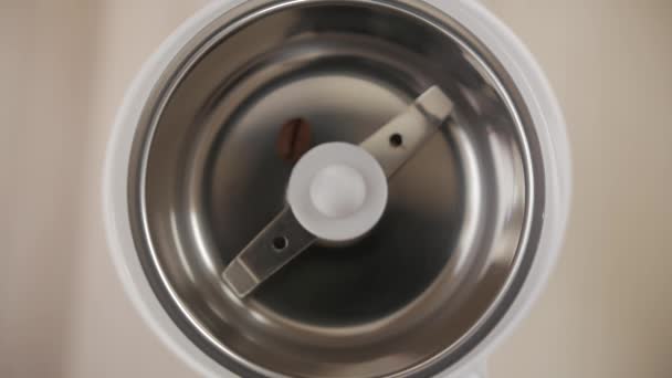 咖啡豆倒了。烤咖啡豆倒入咖啡粉碎机。特写. — 图库视频影像