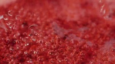 Kırmızı kızılcık işlem reçel için kazan kaynar, yakın çekim.