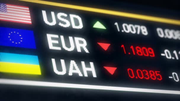 Hryvnia Ucraniana, Dólar USA, Comparación de euros, monedas cayendo, crisis — Vídeo de stock