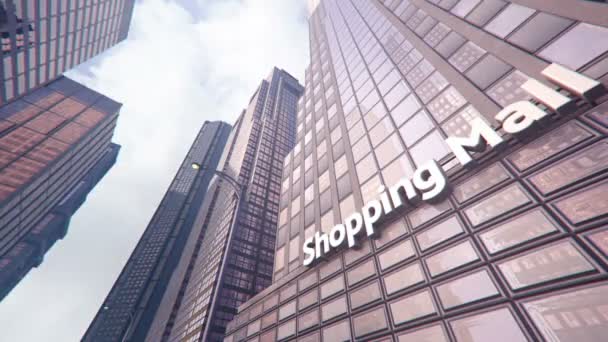 Sinal de shopping no moderno edifício de arranha-céus de vidro no distrito de negócios — Vídeo de Stock