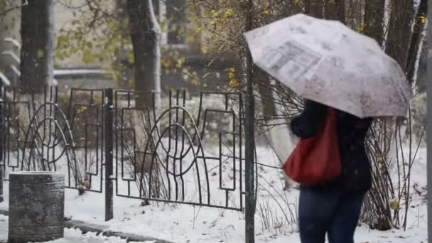 Жінка з парасолькою чекає когось, снігопад, перший зимовий день — стокове відео
