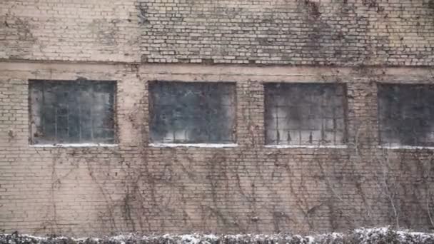 Sombere windows verlaten van oude gebouw, sneeuwval op een koude winterdag — Stockvideo