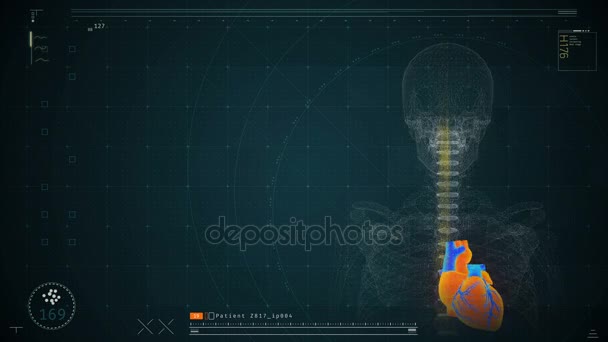 Patientens hjärta i skelettet visualiseras på skärmen, futuristiska medicinsk programvara — Stockvideo