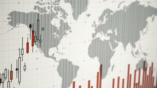 Obrazovku počítače se statistikou, akciového trhu, indexuje stoupající a klesající, krize — Stock video