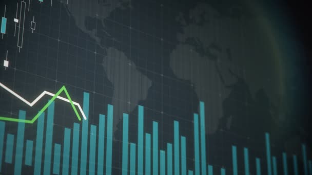 Estatísticas de monitoramento de gráficos do mercado de ações, índices subindo e descendo na tela — Vídeo de Stock