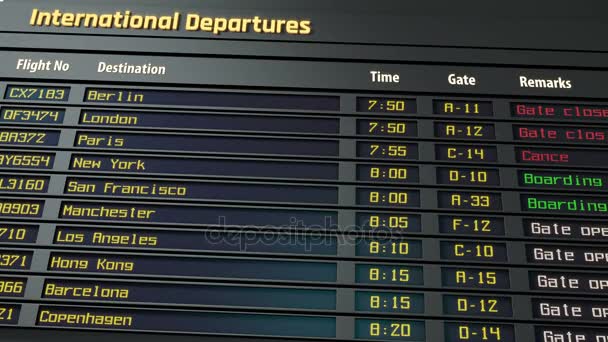 Jadwal bandara, semua penerbangan keberangkatan dibatalkan, cuaca buruk, peringatan keamanan — Stok Video