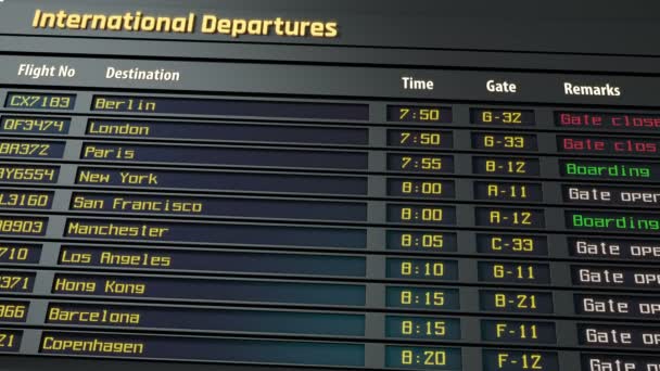 出発空港、旅行で国際線フライト情報ボード — ストック動画