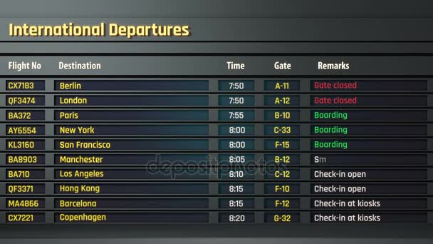 Información de vuelo mostrada en la tarjeta de embarque del aeropuerto, cambio de estado — Vídeo de stock