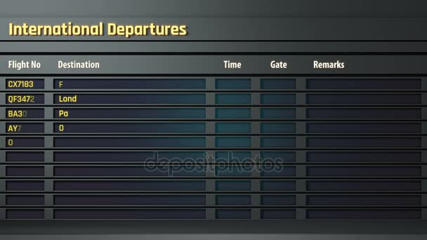 Información de vuelo del aeropuerto que aparece a bordo de la salida, cambio de estado del vuelo — Vídeo de stock