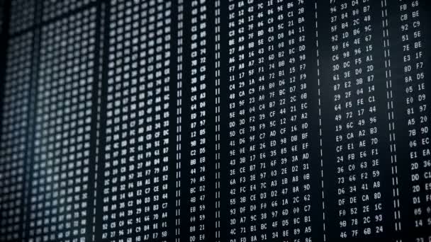 Hacking συμβολοσειρές κώδικα που τρέχει σε μαύρη οθόνη, προγραμματισμός, δεκαεξαδικούς αριθμούς — Αρχείο Βίντεο