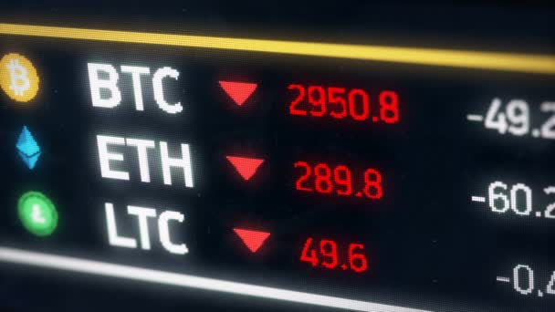 Bitcoin, Éter, Litecoin precios de las criptomonedas cayendo, comparación de dinero digital — Vídeos de Stock